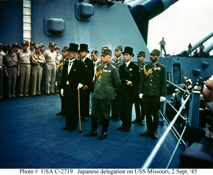 1945Sept2_Japanese Delegation with Foreign Minister Mamoru Shigemitsu in top hat Aboard the Battleship Missouri